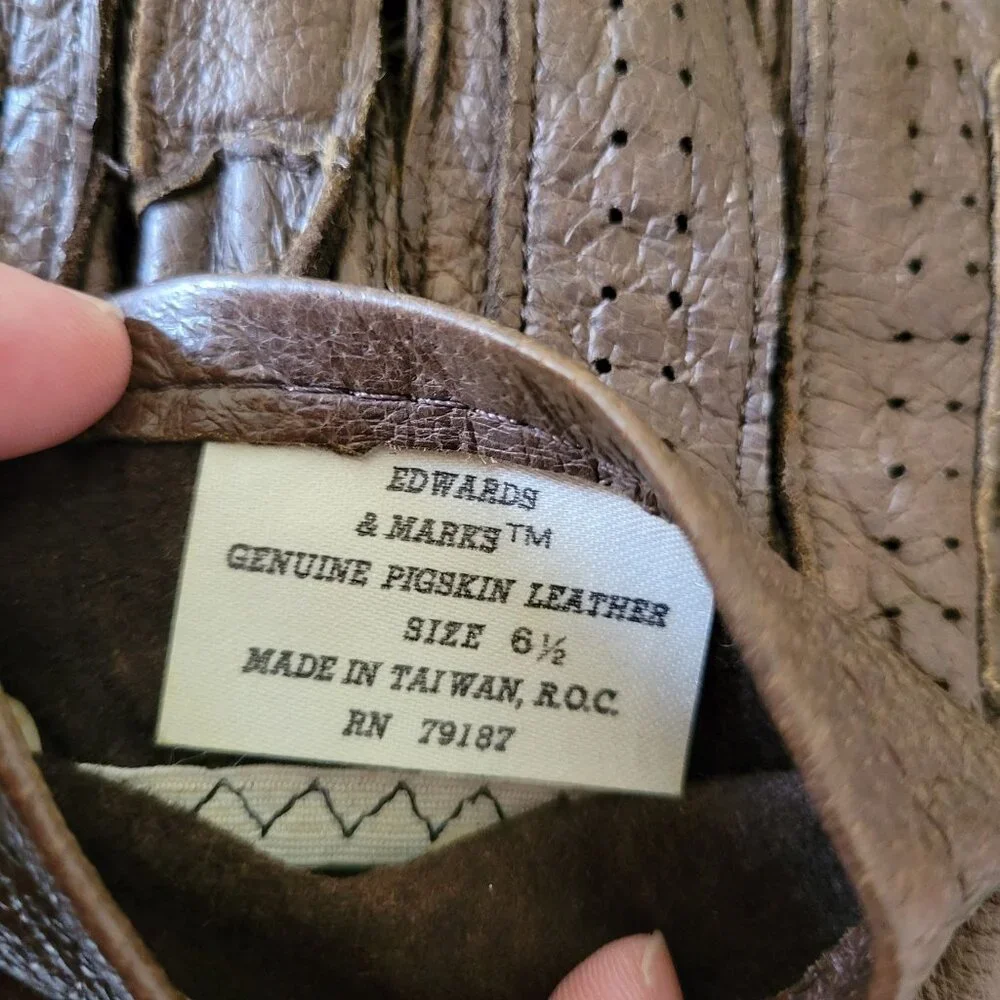 Edwards Marks Genuine Pigskin‎ Leather Gloves Size 6 1/2 Brown Perforated Design
